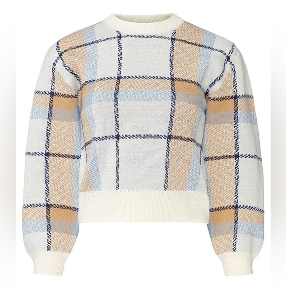 JOIE Wool Plaid Check Knit 3/4 Long Sleeve Crewneck Cropped Pullover Sweater XS - Picture 13 of 14